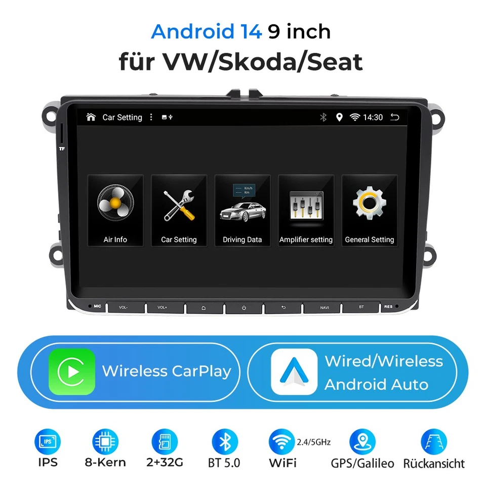 für VW SEAT SKODA 9" Autoradio CarPlay Video GPS Sat Navigation +BT 8 Kern 2+32G - Bild 1 von 4