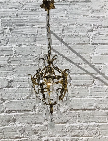 Antique French Crystal Chandelier, Petite Cage, Ball, Bronze, Glass, European Cover