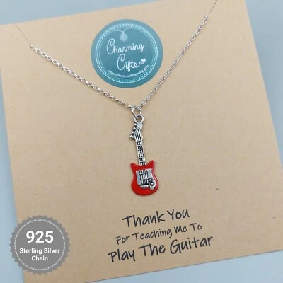 Collar de guitarra eléctrica roja para amantes de la música - Regalo de plata de ley Foto 1 de 4