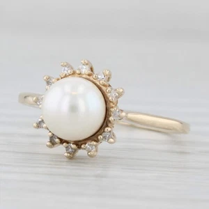 Cultured Pearl Diamond Halo Ring 10k Yellow Gold Size 8 - Picture 1 of 10