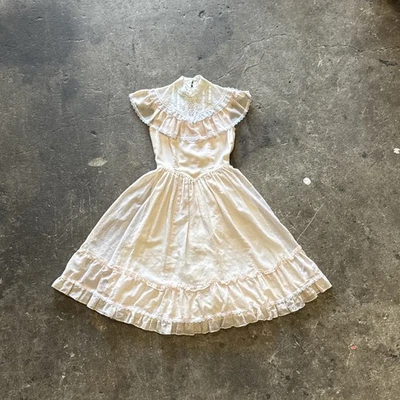 Vintage 1970s Gunne Sax Pink Polka Dot + Lace W/ Ruffles Tie Back Prairie Dress - Image 1 of 4