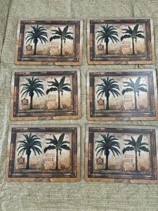 Set Of 6 Cork Backed Placemats. Palm Tree Design. 9”x 12” Lightly Used. - Picture 1 of 7