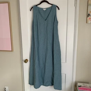 J. JILL Linen Shift Tank Dress Teal Size XL Pockets Optional Tie At Waist EUC - Picture 1 of 9