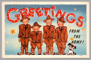 Greetings From The Army With Verse Soldiers & Dog c1940s Linen Comic Postcard - Picture 1 of 2