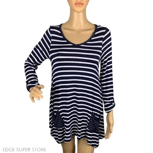 Túnica Ella Moss Azul Marino Blanco Rayas Manga Larga Bolsillo Rayón Top Talla 14 - Imagen 1 de 6