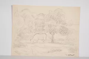 Vaca En Un Pre Dibujo Original Albert Huyot Xx ° Sello Firma - Bild 1 von 3