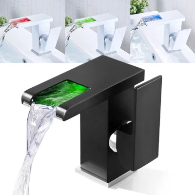 LED Wasserhahn Bad RGB Wasserfall Waschtischamatur Waschbecken Spültisch Messing - Bild 1 von 4