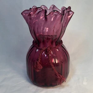 Vintage CRANBERRY PILGRIM Art Glass Sac Ruffled Top 8 1/2" w/Rope - Picture 1 of 10