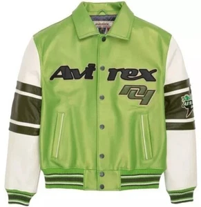 Men's Avirex Green Classic All Stars Stripe Bomber Leather Jacket - Picture 1 of 5