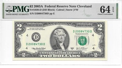 2003A Cleveland $2 FRN Hard to Find DD Block PMG 64 EPQ Choice Uncirculated - Image 1 of 4