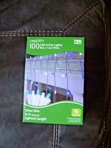 Holiday Home 100 BLUE/ Cool White LED Icicle Lights White Wire. Christmas - Picture 1 of 2