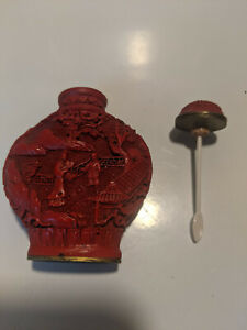 Vintage Antique Chinese Snuff Bottle Carved Red Cinnabar Signed With Spoon
