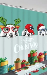 Festive Christmas Dogs and Bells with green Gifts Bathroom Curtain Decoration - Picture 1 of 14