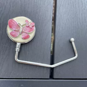 Butterfly Handbag Holder Hook Pink Cream Enamel Figure Ornate Rhinestone - Picture 1 of 8