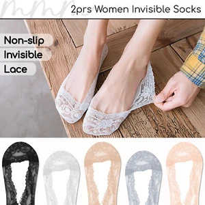 2prs Women Socks Sockettes No-show Invisible Thin Lace High Heels Nude - Picture 1 of 11