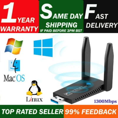 USB 3.0 Dual Band WiFi Dongle 1300 Mbps Network Adapter for Windows MAC OS  - Image 1 of 4