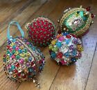 Vintage Lot Of 4 Beaded W/ Foil & Sequins Push Pin Christmas Ball Ornaments