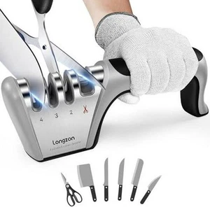 Longzon 4-in-1 Knife Sharpener [4 Stage] With A Pair Of Cut-Resistant Glove, For - Picture 1 of 12