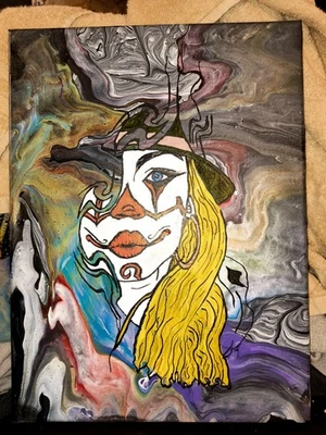 Acrílico fluido pintado a mano con paneles de madera de payaso desvanecido lona 12 x 16 pulgadas Foto 1 de 3