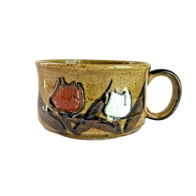 Taza de cerámica vintage Otagiri pintada a mano gres rústico diseño de tulipán arte popular Foto 1 de 4