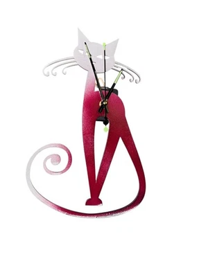 Modern Cat Wall Clock, Burgundy and Silver, Decorative Metal Cat Silhouette Desi - Image 1 of 4