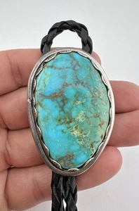 2 1/8" Vtg Navajo Sterling Silver Royston Turquoise Stamped Oval Bolo Tie 61g - Picture 1 of 7
