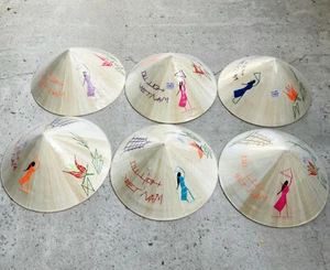 6 Vietnamese Asian Oriental Straw Palm Bamboo Leaf Hand Stiched Embroiled HATS - Picture 1 of 2