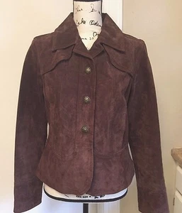 DRESSBARN 100% Leather Jacket Blazer Suede Brown Button front Lined Medium - Picture 1 of 6