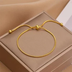 Woman 18K Gold Plated Stainless Steel Bead Ball Chain Bracelet Bangle Disc - Picture 1 of 1