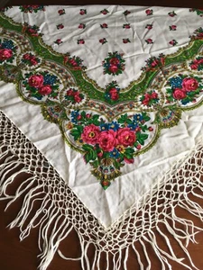 VINTAGE Ukrainian-style Folk Scarf / Shawl 100% Wool 150 x 150cm Made in Japan - Picture 1 of 24