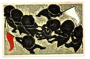 Shuzo Ikeda 3 Holzblockdrucke Tauziehen, Leier, Mädchen Blashorn - Bild 1 von 6