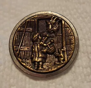 RARE Medium Antique Brass Button Girl Feeding Goat Pet Bunny - Picture 1 of 6