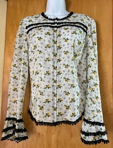 ANNA SUI FOR ANTHROPOLOGIE 100% COTTON BLACK LACE TRIM FLORAL BLOUSE TOP 12 - Picture 1 of 7