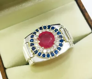 Heated Ruby & Heated Sapphire Gemstone With 925 Sterling Silver Men's Ring #1466 - Picture 1 of 7