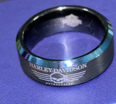"Anillo de boda Harley-Davidson negro y azul talla 9,5"" perfecto para ciclistas nuevo" Foto 1 de 4