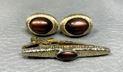 Vintage Brown Lucite Yellow Gold Plated Cuff Links with Tie Clasp - Image 1 of 3