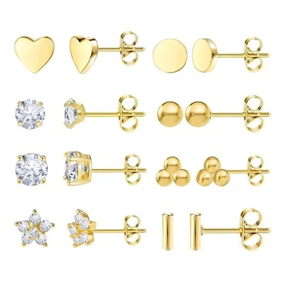 Juego de 8 pares de aretes de oro de 14K, aretes de acero quirúrgico de titanio para... Foto 1 de 4