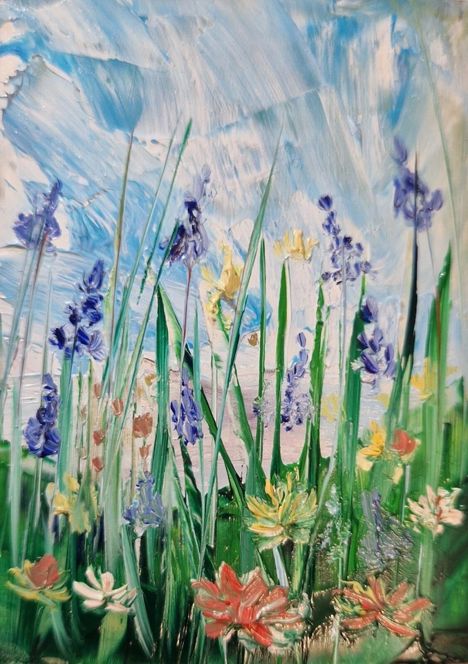 ACEO Original oil painting ladscape mountaints blossom flowers meadow mini art - Image 1 of 1