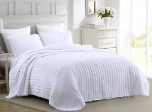 Weiße Bommel gewaschene Mikrofaser Quilt Set Kugel Fransen Bettwäsche Abdeckung Set - Bild 1 von 8
