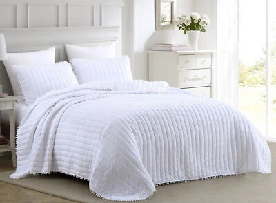 White Pom Pom Washed Microfiber Quilt Set Ball Fringe Bedspread Coverlet Set - Image 1 of 4