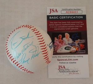 PEDRO & RAMON MARTINEZ +3 Autographed Team Signed Dodgers Logo Baseball MLB JSA - Picture 1 of 3
