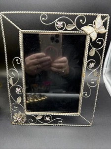 Silber Metall 5x7 Rahmen Lila Stein Blumen und Schmetterling mit Capiz Intarsien. 1187 - Bild 1 von 5