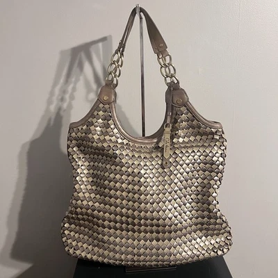 Bolso de Mano Cole Haan Genevieve Cuero Tejido RARO Tejido Diamante Foto 1 de 4