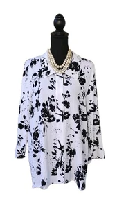 Ali Miles Top Sz L White Black Pleate Slit Sleeves Women's Crinkle Tunic 12 14 - Picture 1 of 5