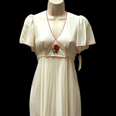 Vintage 1970s White Dress Rose Embroider Prairie Flutter Sleeve Nightgown Tie  - Image 1 of 4