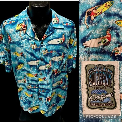 Vtg 80’s Ocean Current Men's Blue HAWAIIAN TROPICAL Surfer SURFING Rayon Shirt M - Image 1 of 4