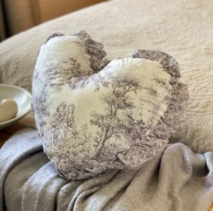 Pale Dove Grey White Heart Shaped Filled Cushion French Toile Design Cotton - Picture 1 of 8
