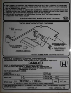 Factory Honda 88-00 EG Vehicle X1 Emission Control Information Hood 3M Decal - Picture 1 of 2
