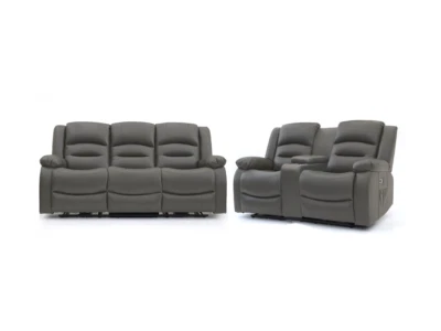 FURNITURE DIRECT ONLINE Vinson 3+2 Grey Aire Leather Electric Recliner Sofa Set with USB & Cup Holders