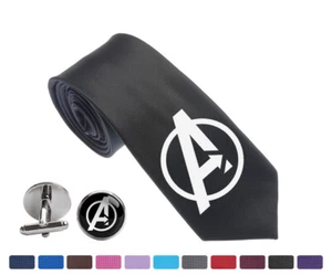 Avengers logo Black Red Blue Slim Jacquard Woven 2.5" Tie Necktie Cuff Links - Picture 1 of 29